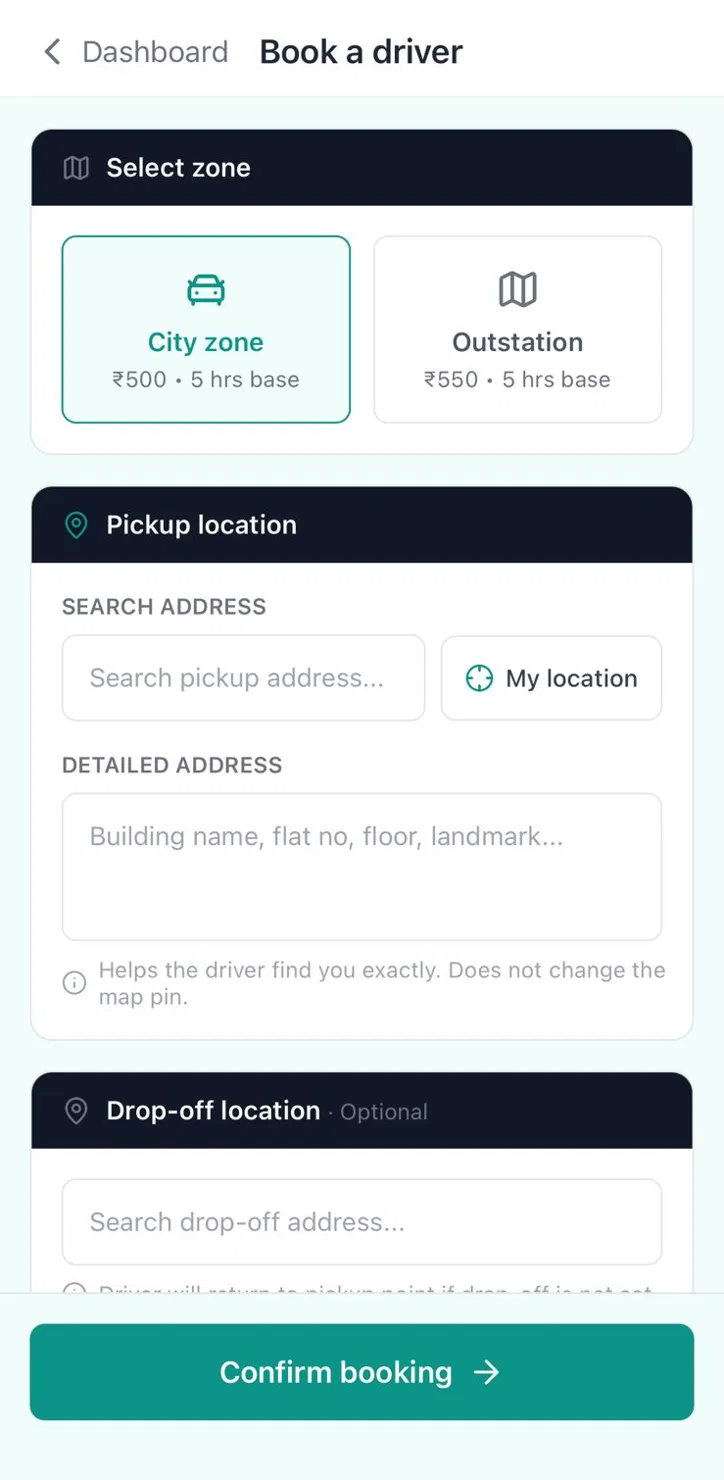 Book a driver — select City or Outstation zone