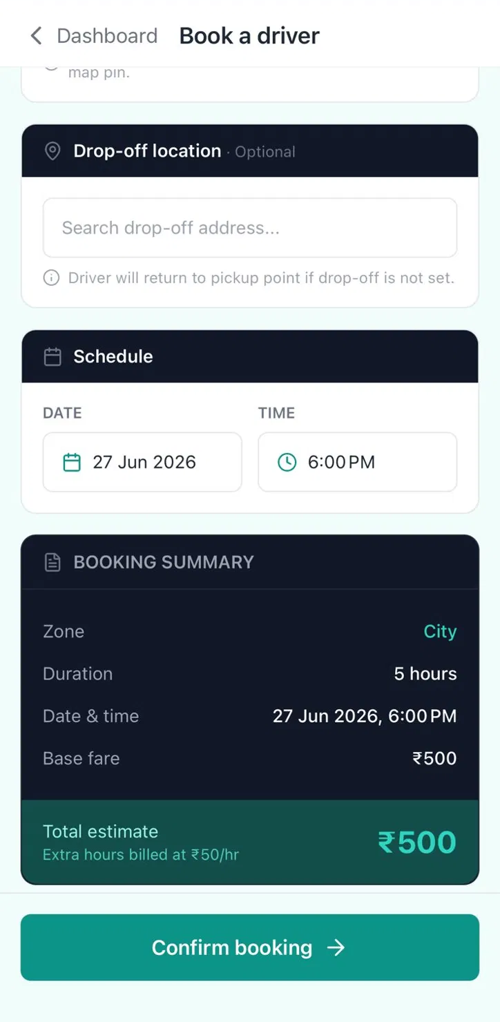 Booking summary with ₹500 total estimate