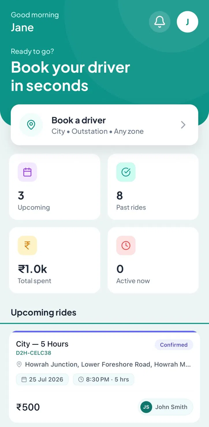 Driver2Hire customer dashboard — book your driver in seconds