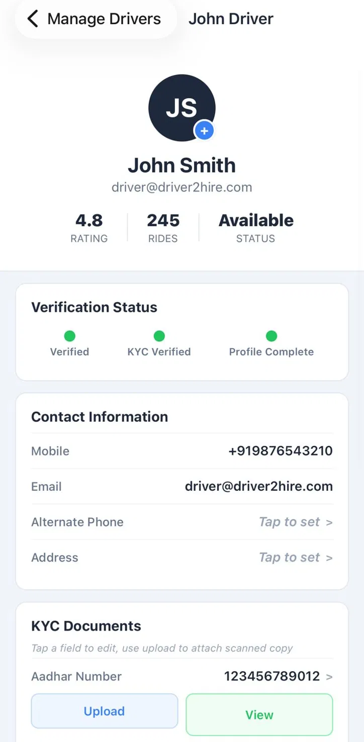 Driver profile — Verified, KYC Verified and Profile Complete